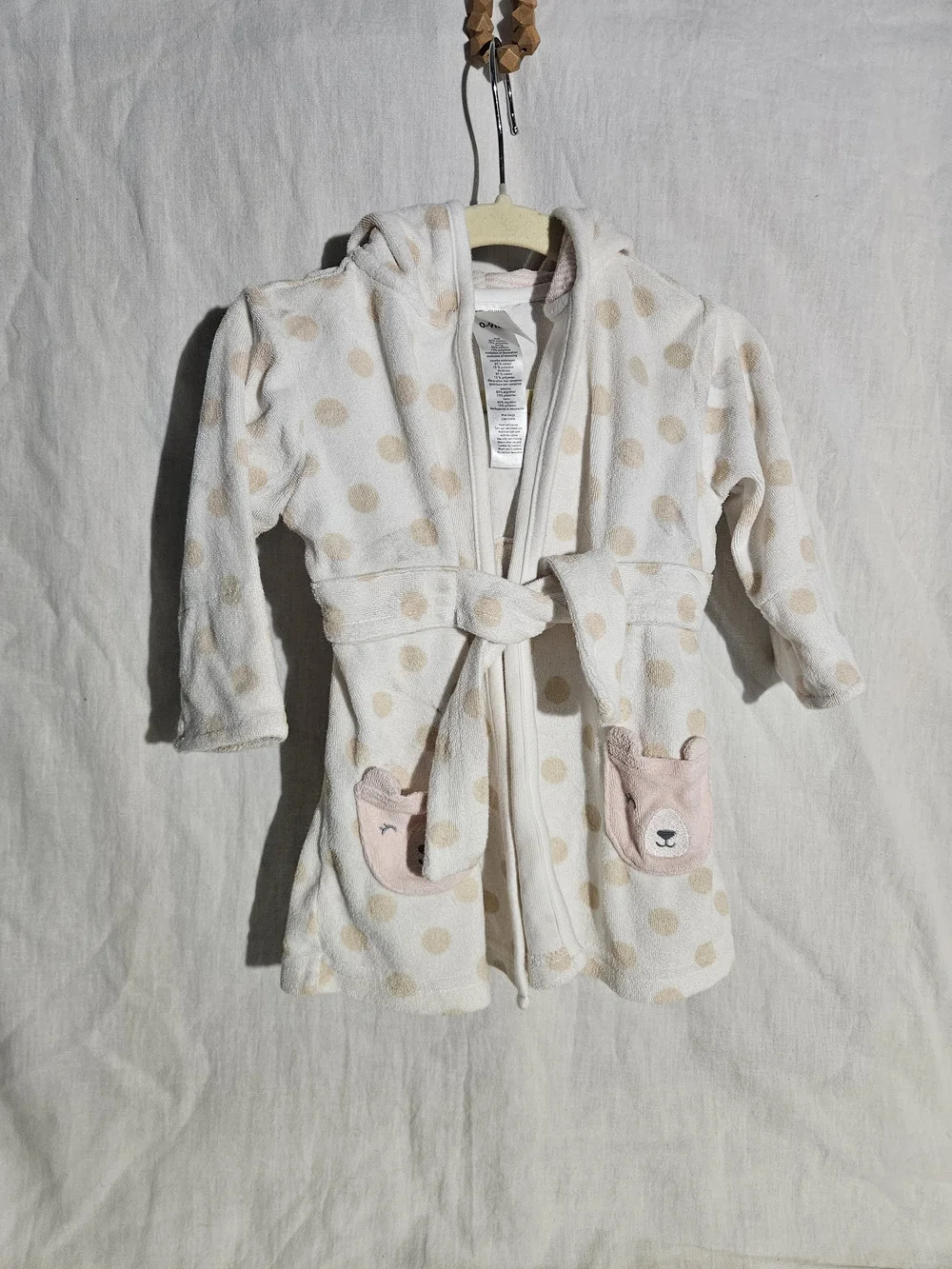 Carter's Cream Polka Dot Plush Hooded Robe with Pink Bear Pockets
